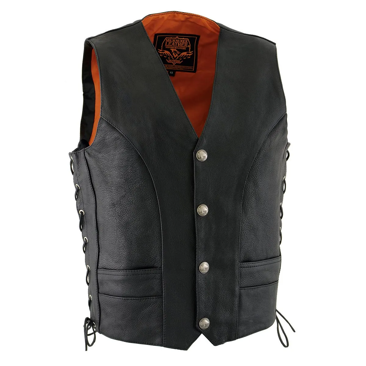 Milwaukee Leather ML1369 Men's Black Premium Leather Side Lace Motorcycle Rider Vest w/ Buffalo Nickel Snaps Closure