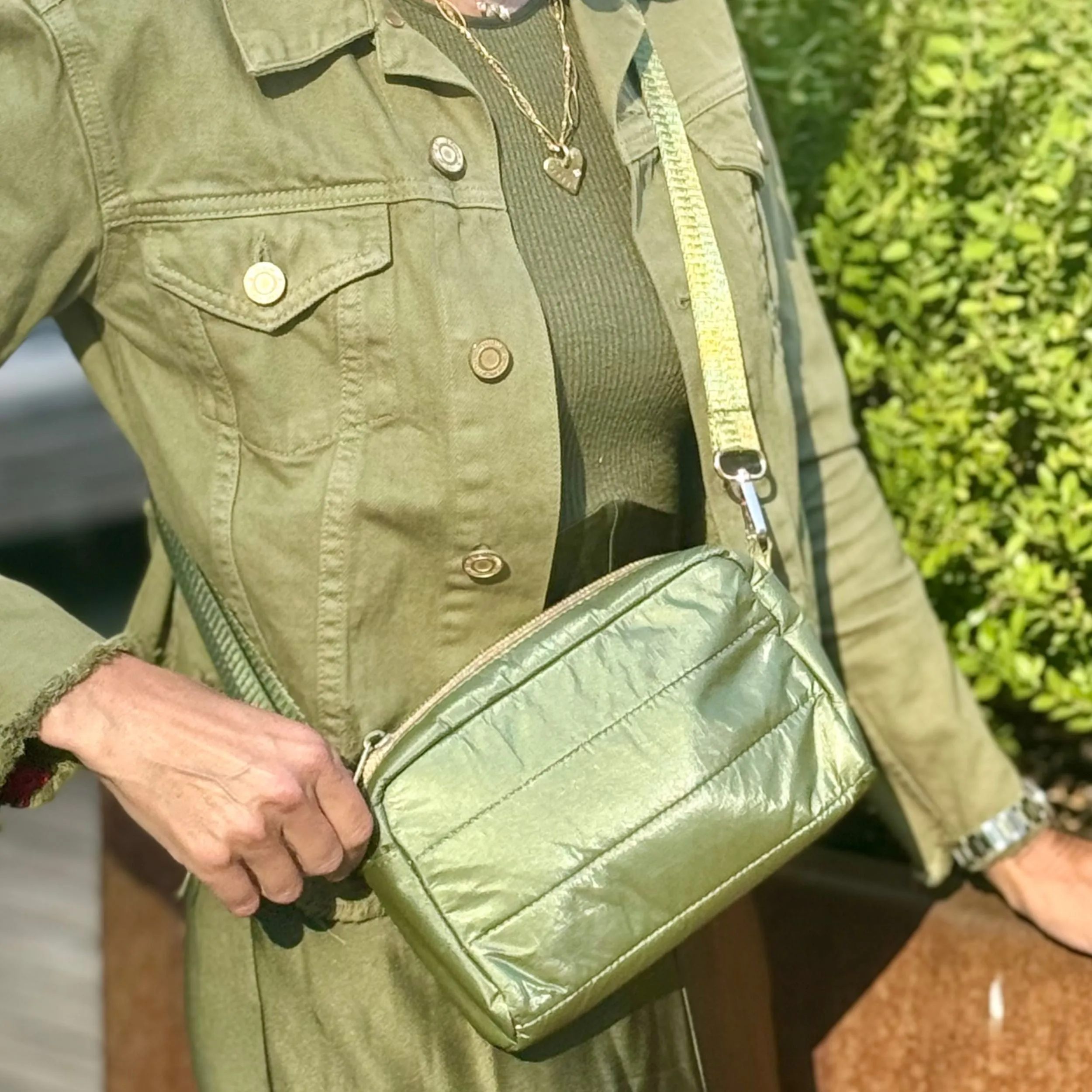 Mini Puffer Purse in Shimmer Olive Green