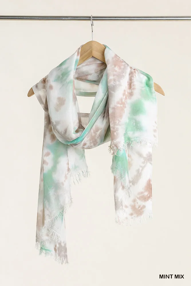 Mint Mix Tie Dye Lightweight Scarf with Frayed Hem Detail