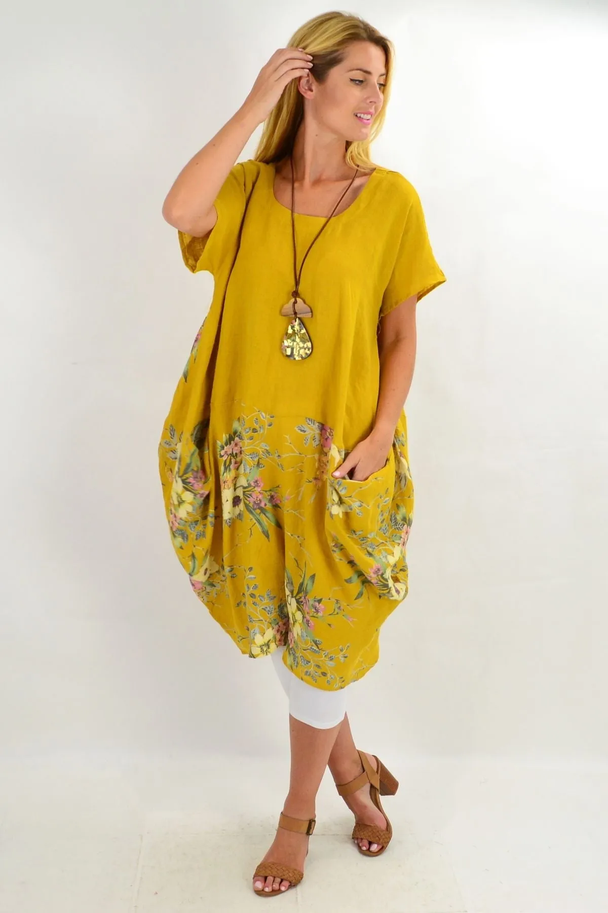 Mustard Native Flower Sleeve Linen Tunic Dress