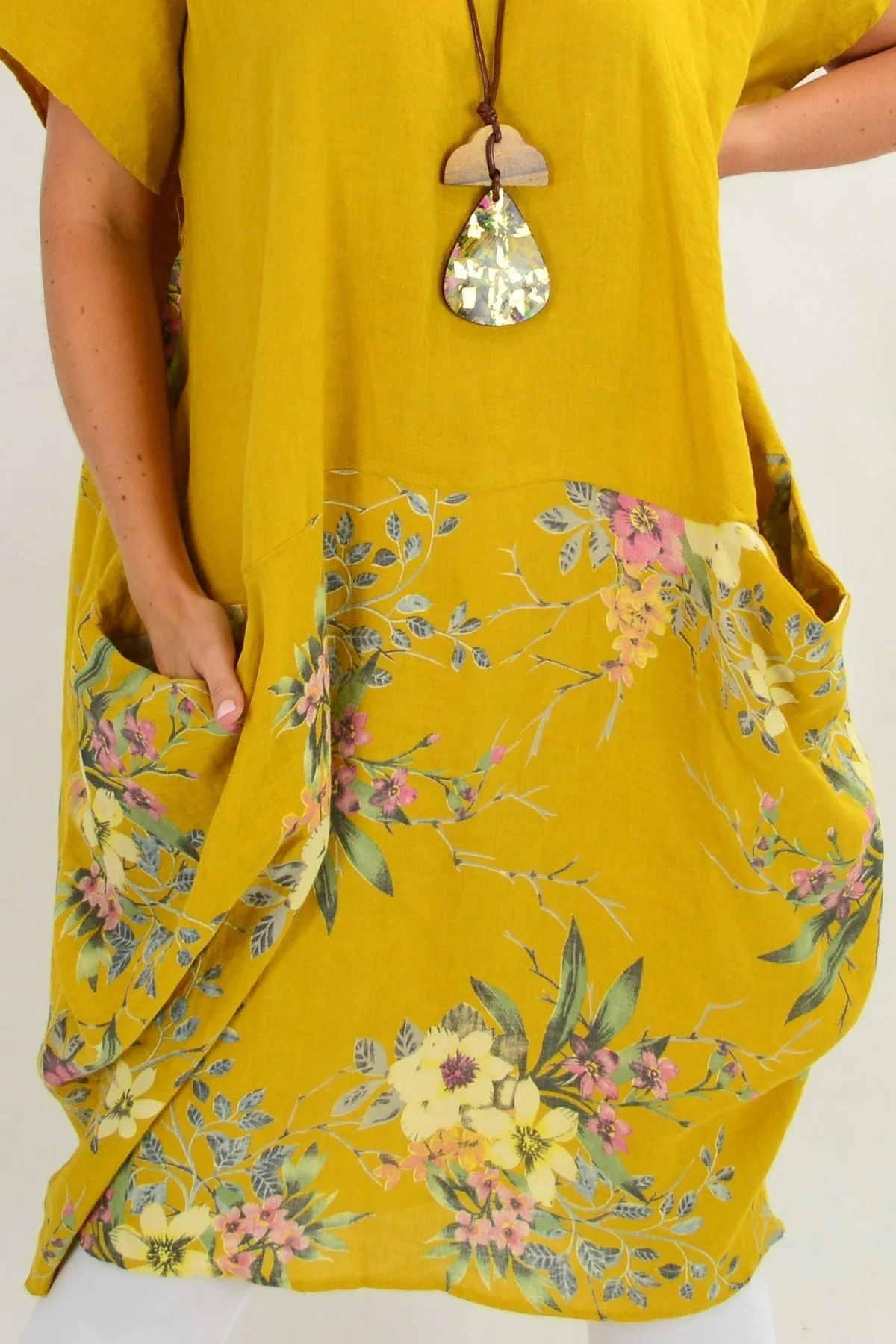 Mustard Native Flower Sleeve Linen Tunic Dress