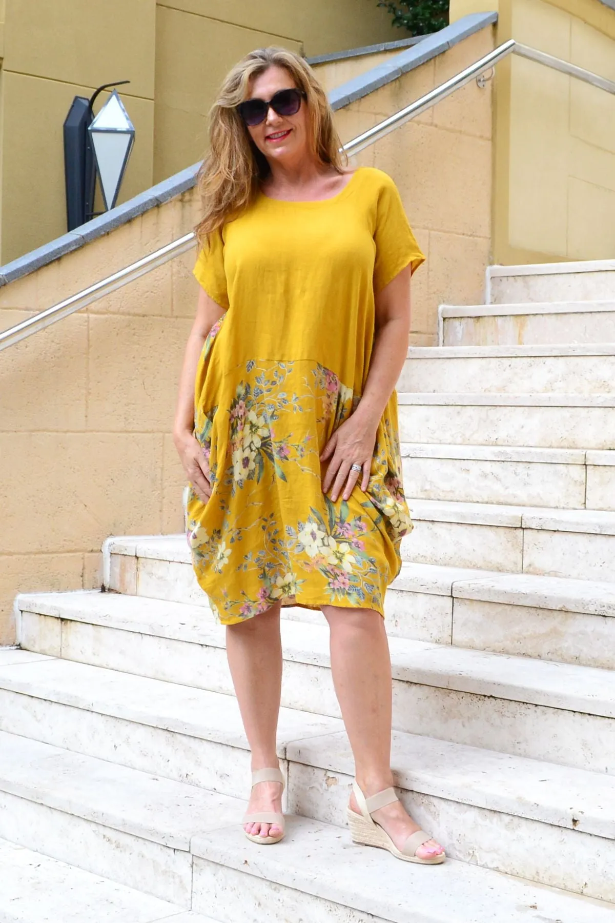 Mustard Native Flower Sleeve Linen Tunic Dress