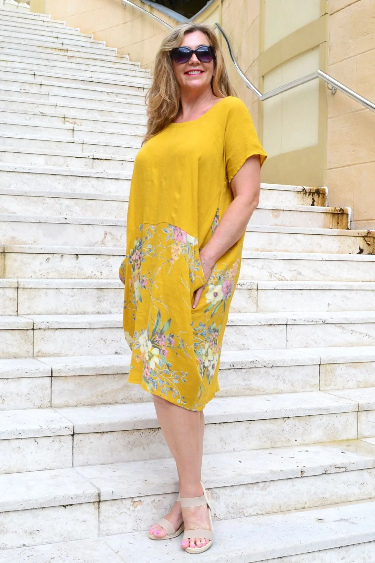 Mustard Native Flower Sleeve Linen Tunic Dress