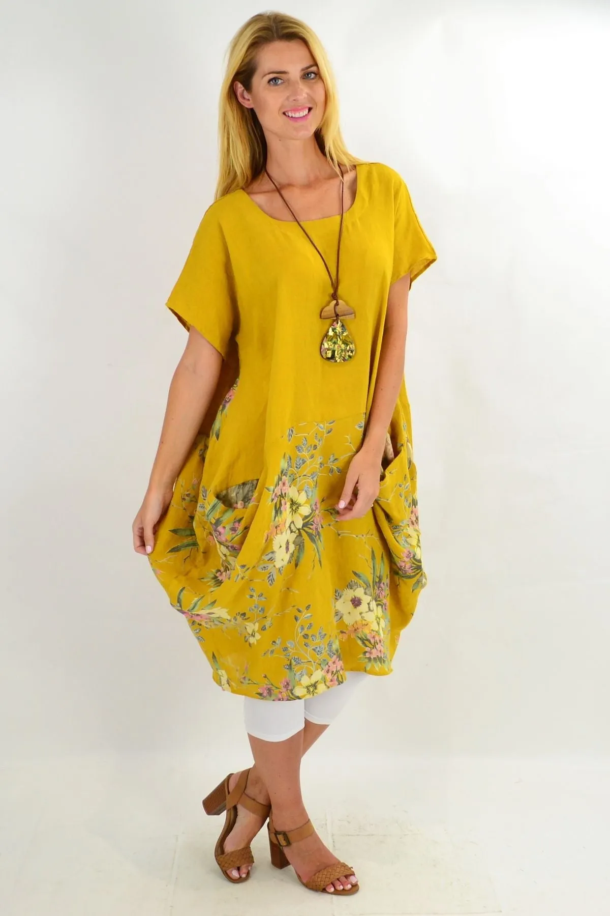 Mustard Native Flower Sleeve Linen Tunic Dress