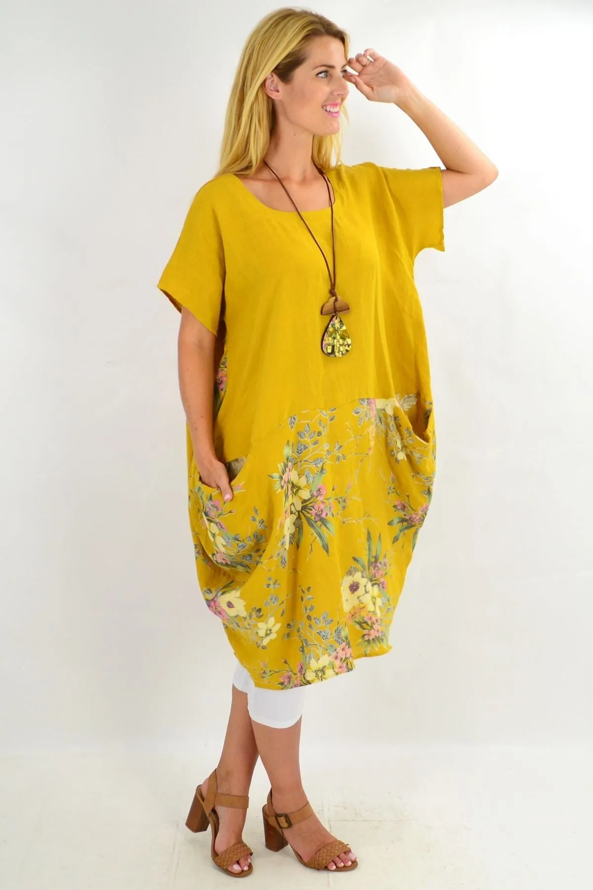 Mustard Native Flower Sleeve Linen Tunic Dress