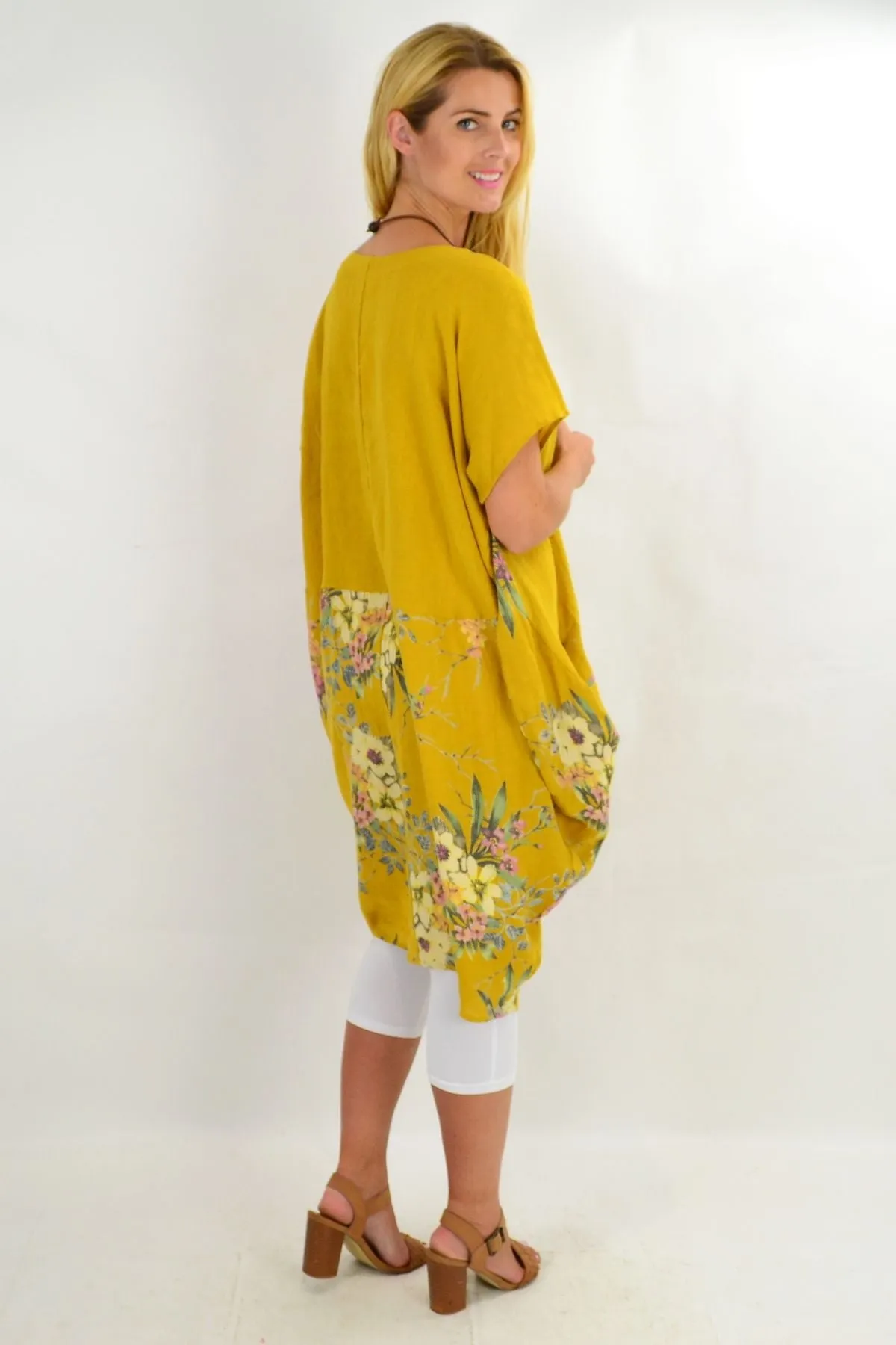 Mustard Native Flower Sleeve Linen Tunic Dress