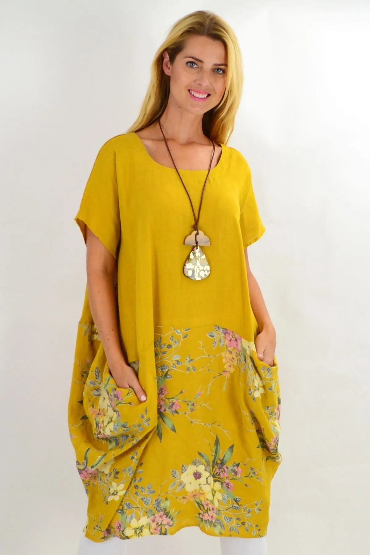 Mustard Native Flower Sleeve Linen Tunic Dress