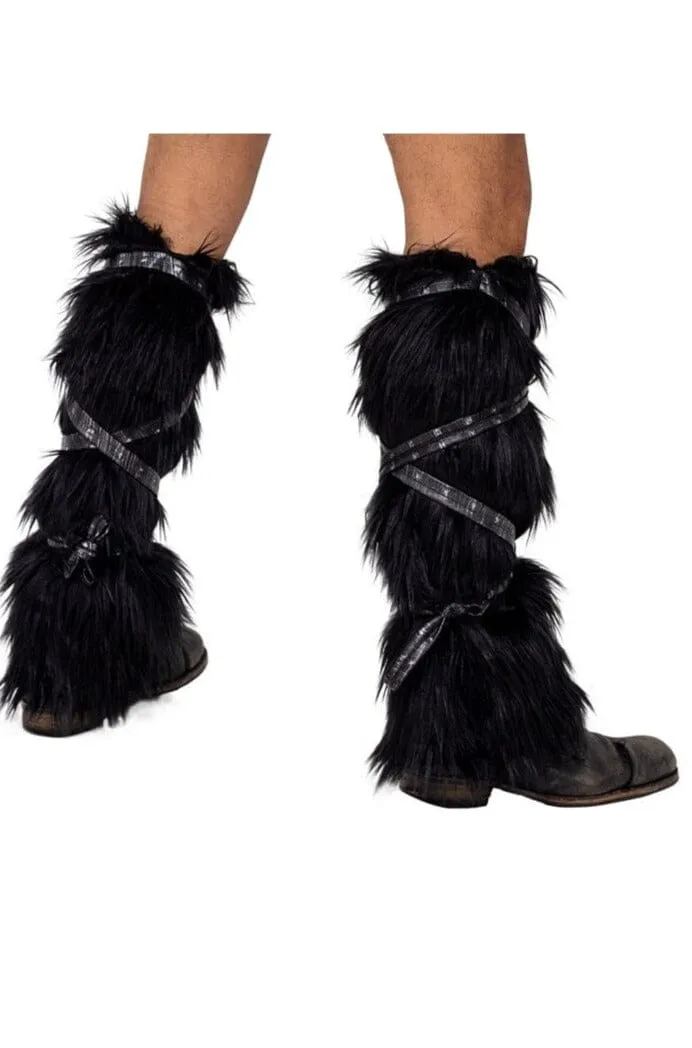 Pair of Black Faux Fur Leg Warmers with Strap Detail