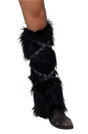 Pair of Black Faux Fur Leg Warmers with Strap Detail