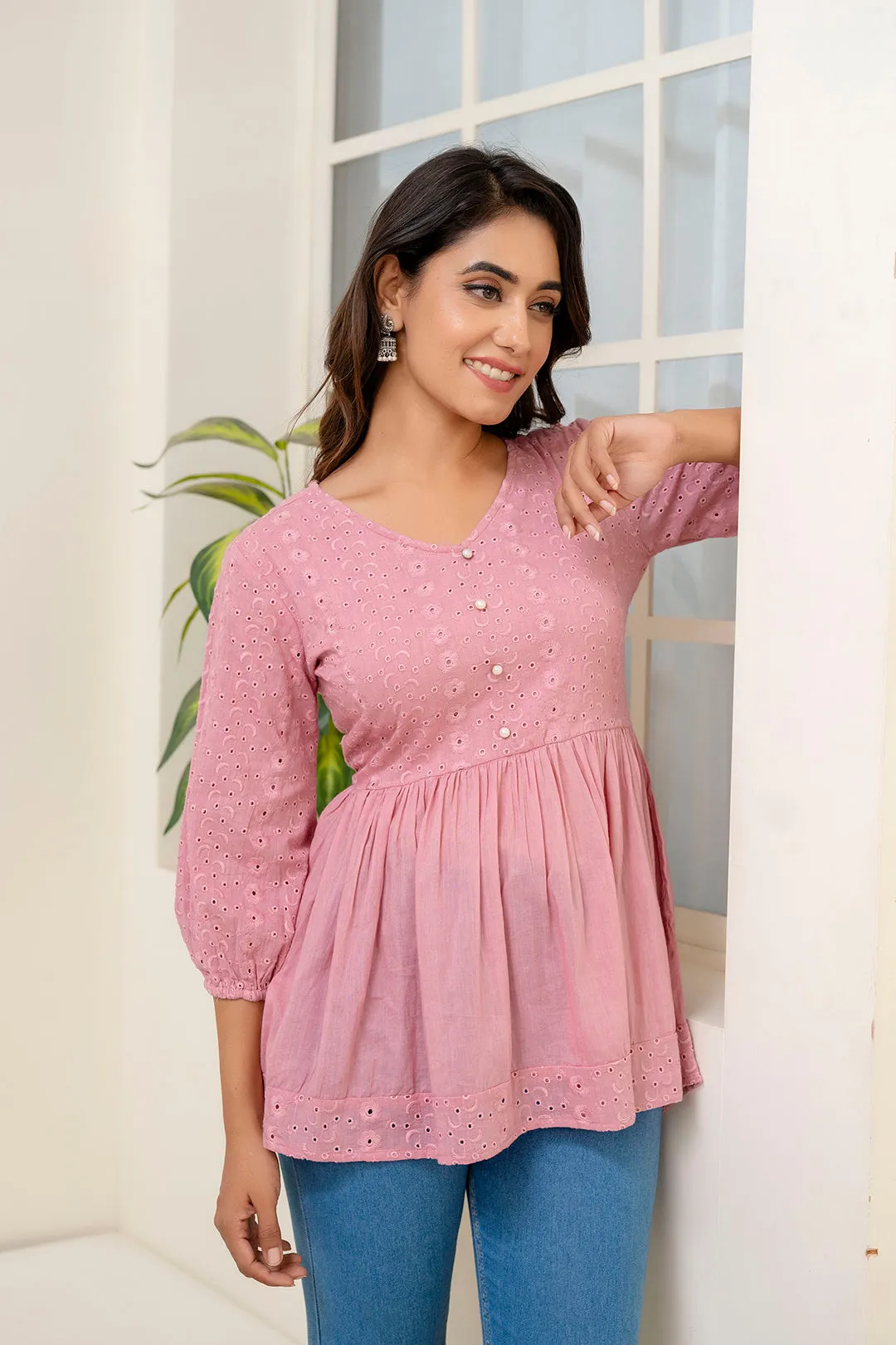 Pink Schiffli V-Neck Peplum Short Kurti