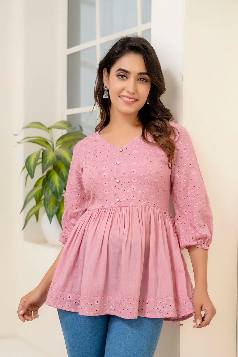 Pink Schiffli V-Neck Peplum Short Kurti