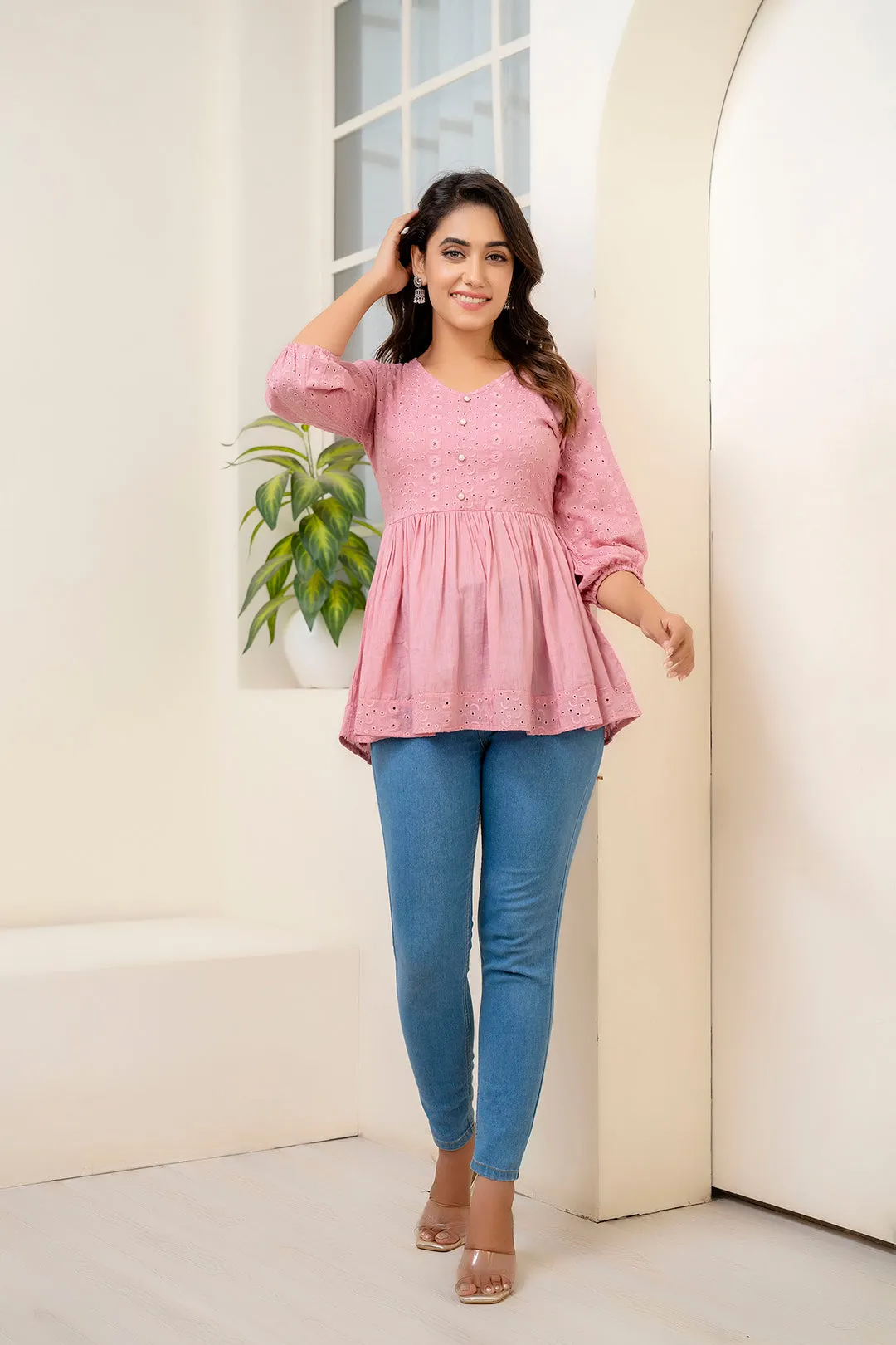 Pink Schiffli V-Neck Peplum Short Kurti