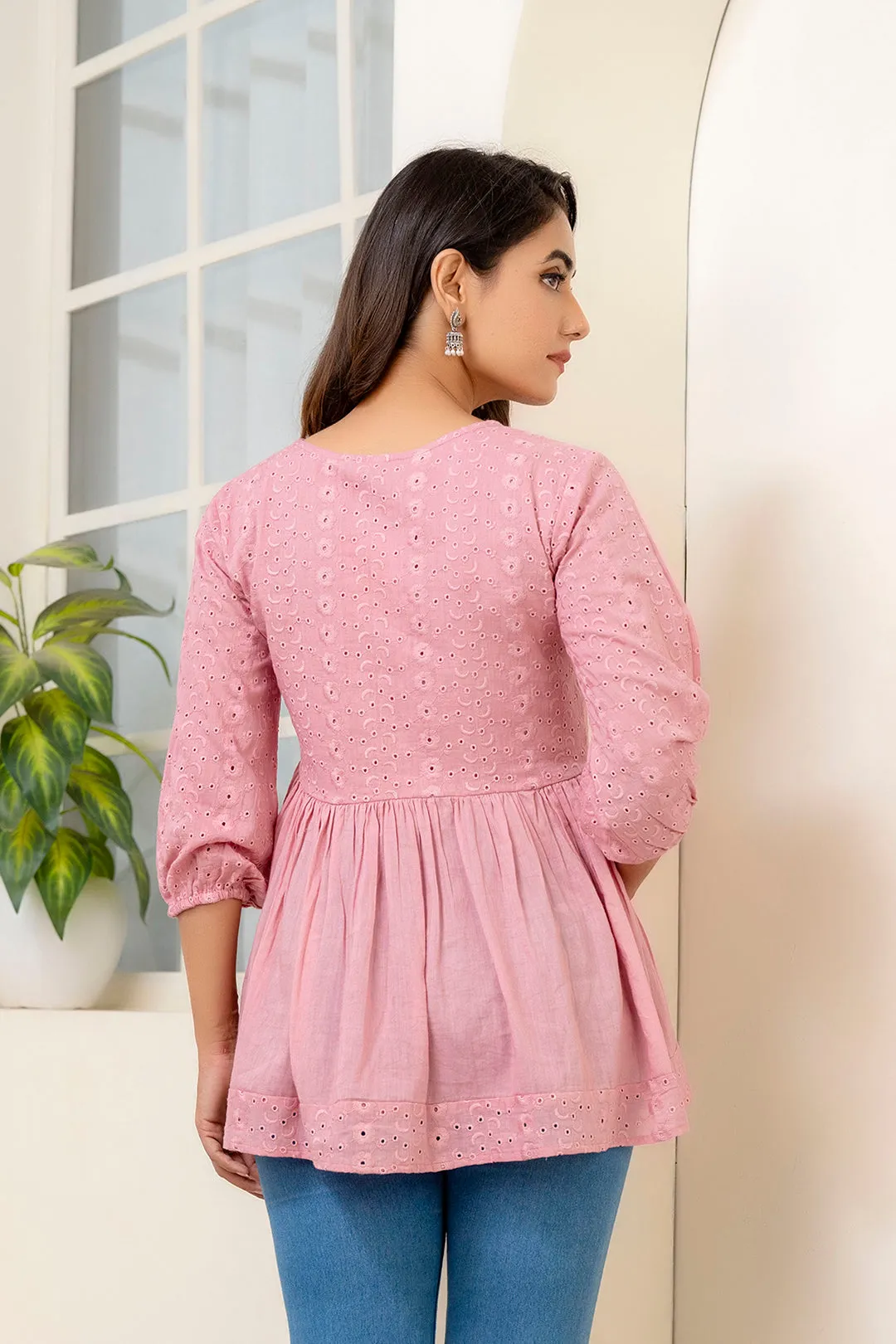 Pink Schiffli V-Neck Peplum Short Kurti