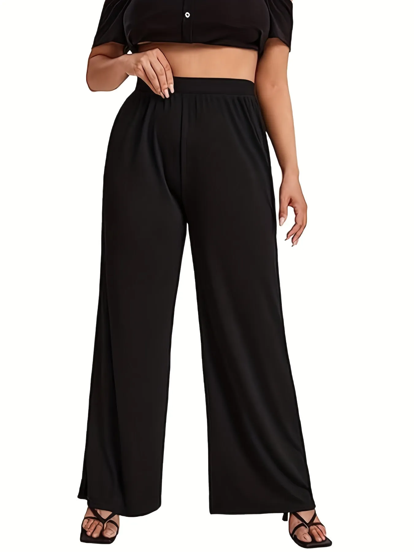 Plus Size Elegant Pants, Women's Plus Elastic High Waist Wide Leg Loose Trousers