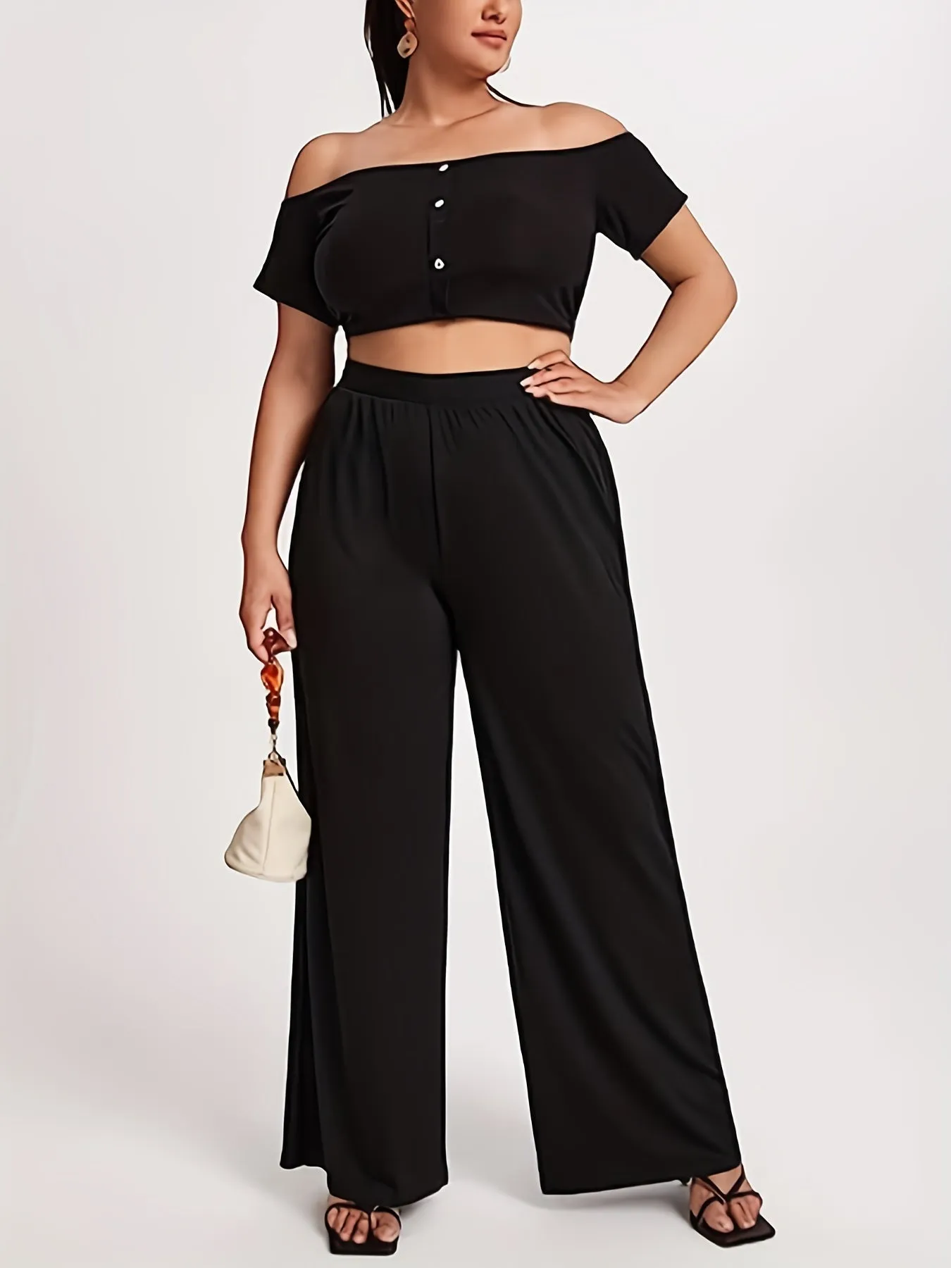 Plus Size Elegant Pants, Women's Plus Elastic High Waist Wide Leg Loose Trousers