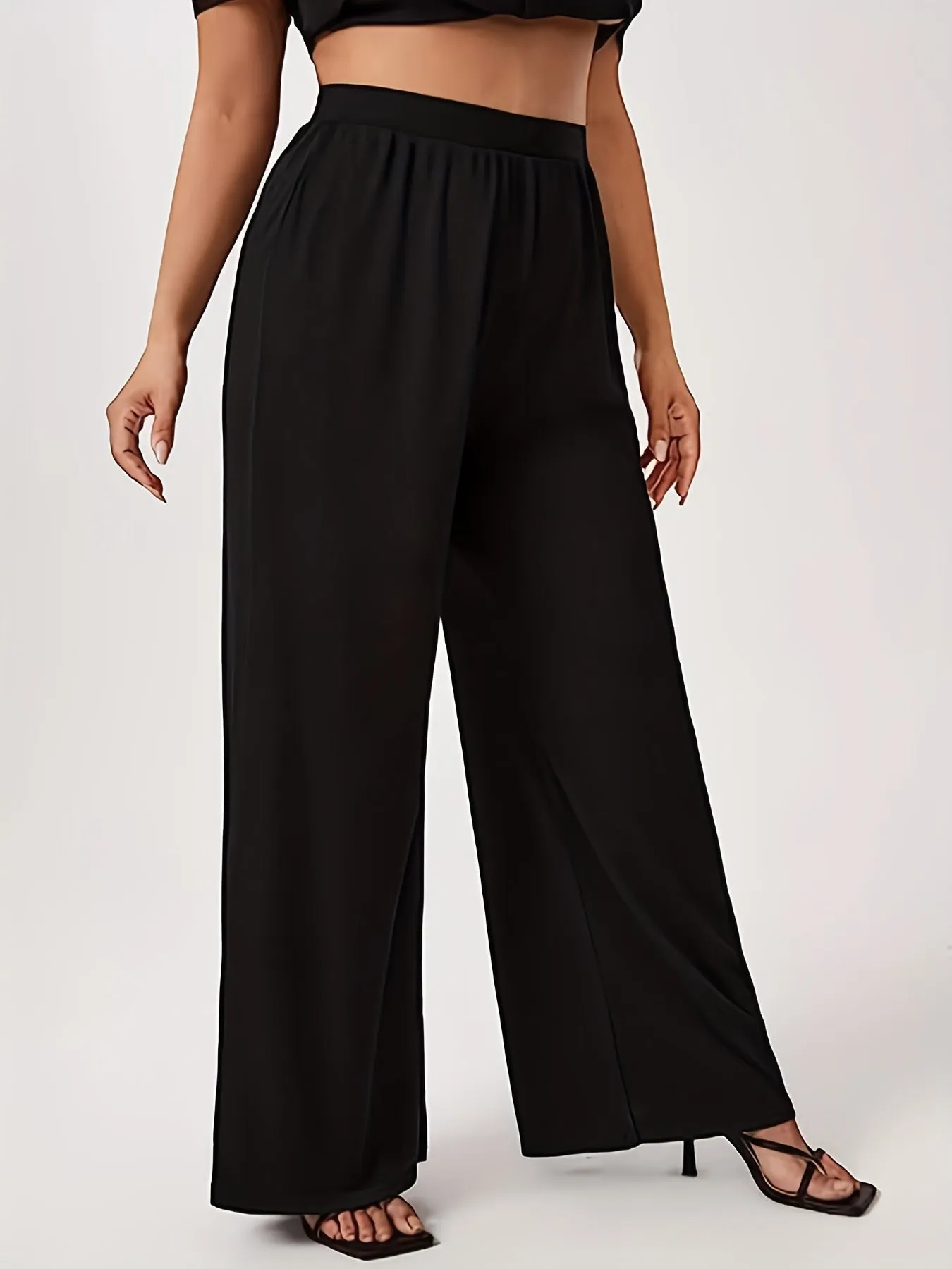 Plus Size Elegant Pants, Women's Plus Elastic High Waist Wide Leg Loose Trousers