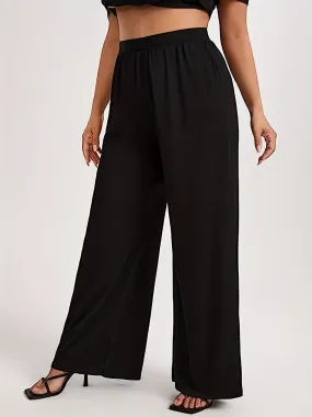 Plus Size Elegant Pants, Women's Plus Elastic High Waist Wide Leg Loose Trousers