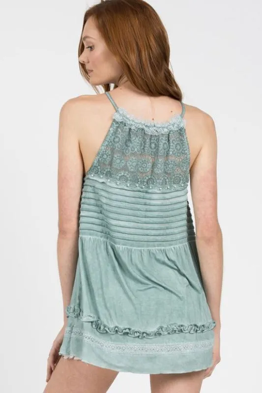 POL Jersey Pintuck Cami Babydoll Tank - Emerald & Pearls