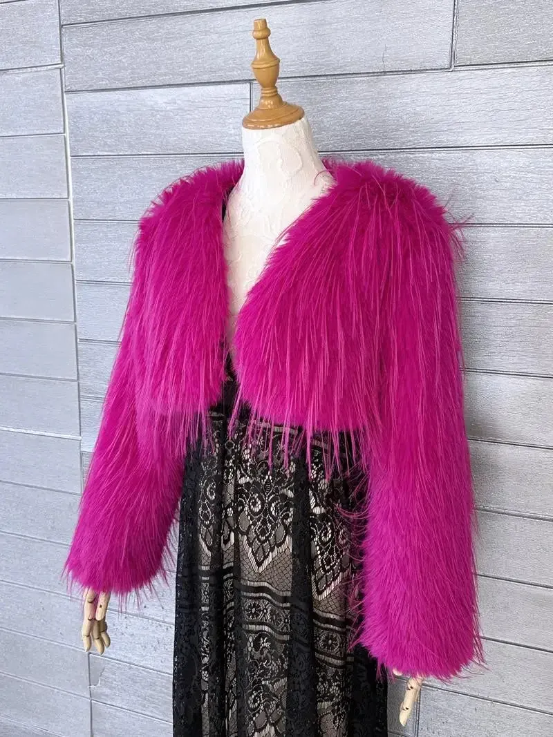 Pre Order:  Pink Cropped Furry Shawl Jacket