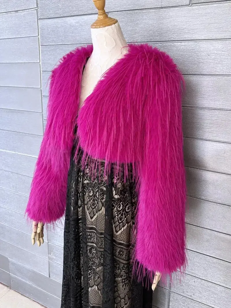 Pre Order:  Pink Cropped Furry Shawl Jacket