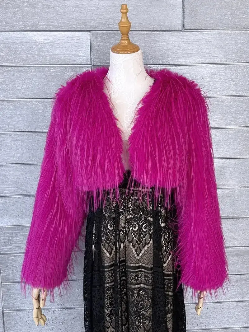 Pre Order:  Pink Cropped Furry Shawl Jacket