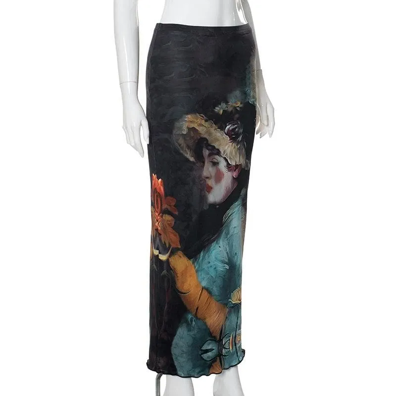 Print ruffle contrast maxi skirt