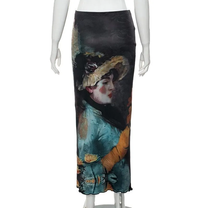 Print ruffle contrast maxi skirt