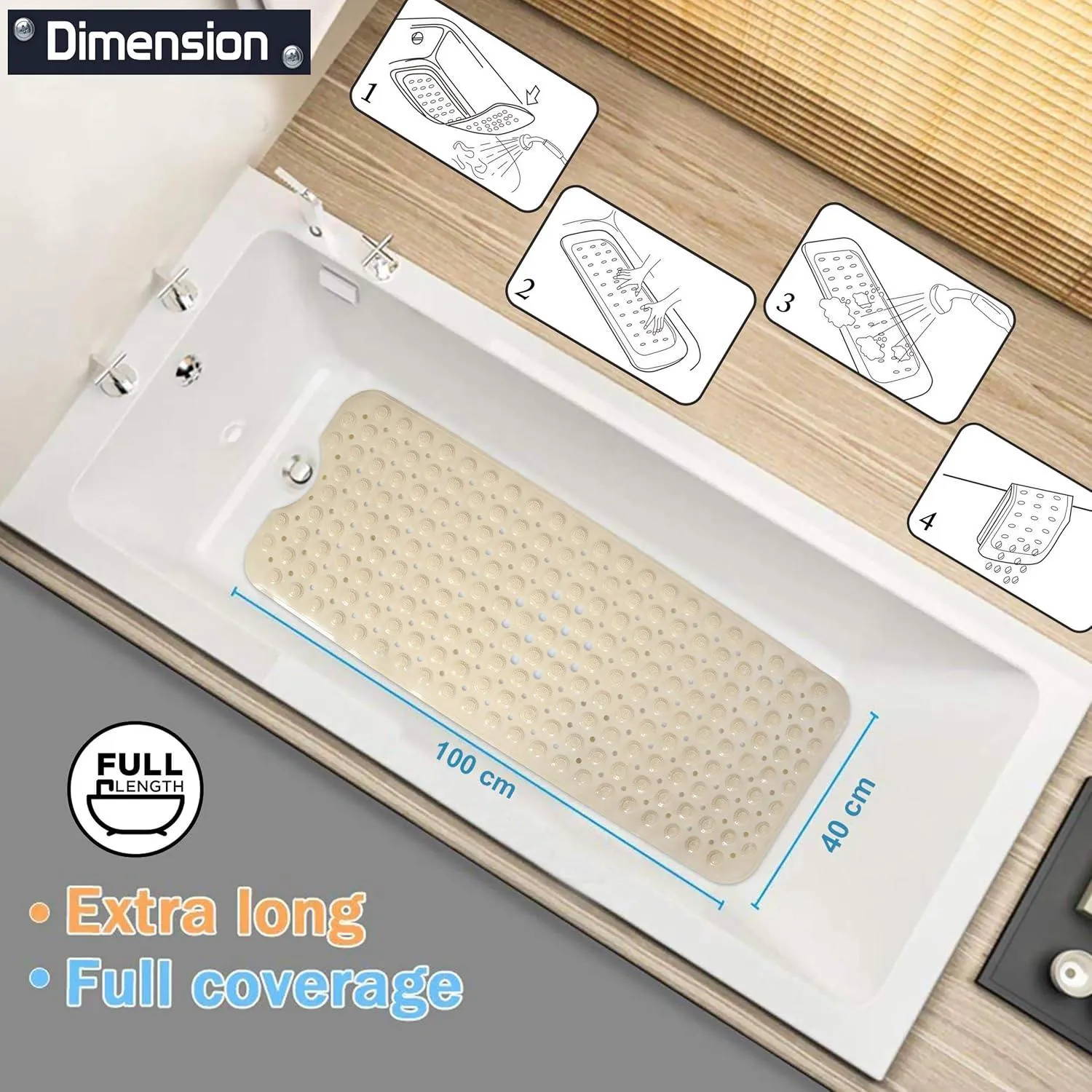 PVC Shower Mat Anti-Slip with Massage Acupressure Points, 40x100 cm, Beige