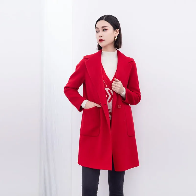 Red Mid Length Lapel Wool Coats