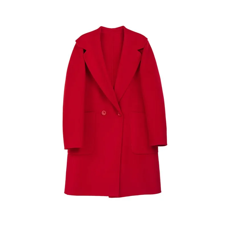 Red Mid Length Lapel Wool Coats