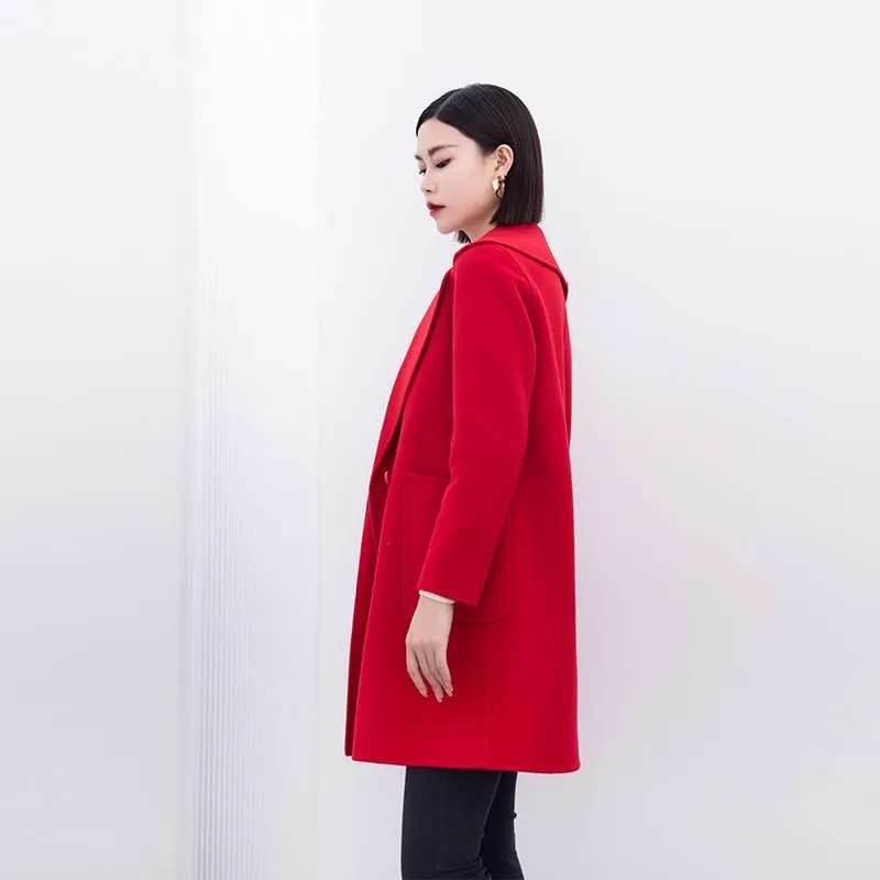 Red Mid Length Lapel Wool Coats