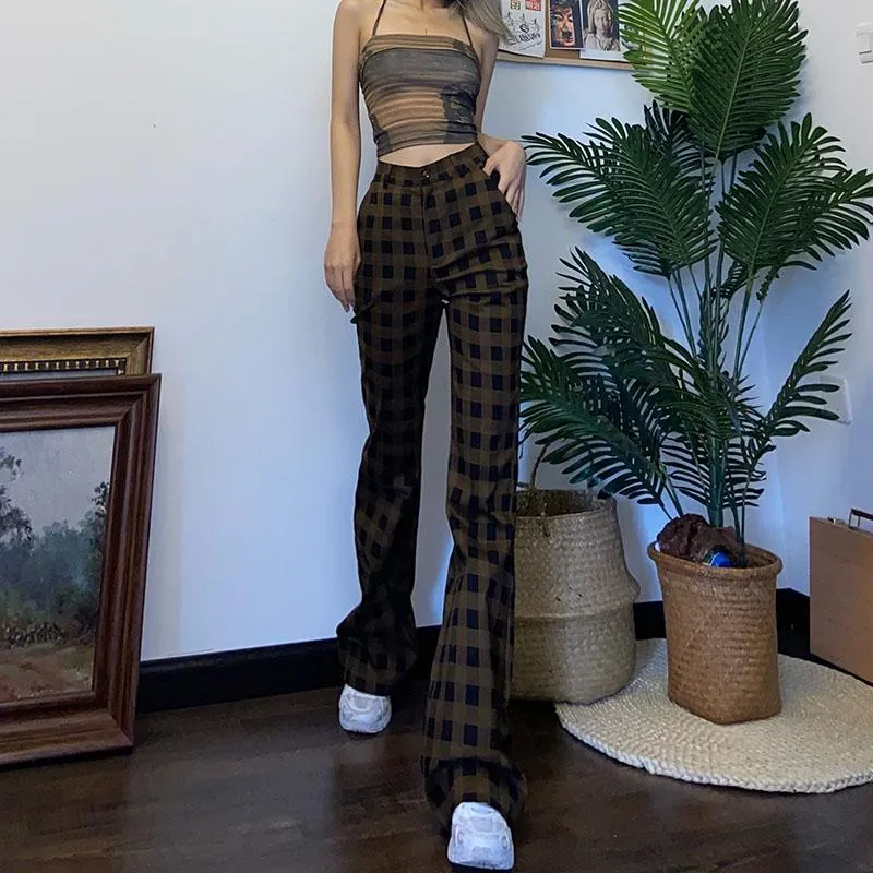 Retro Aesthetic Brown Plaid High Waist Pants