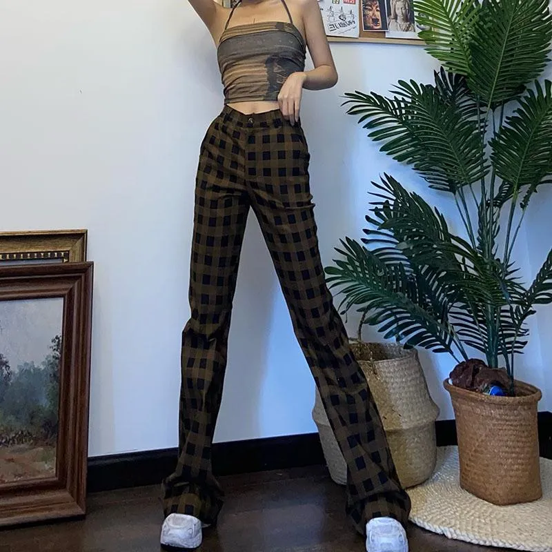 Retro Aesthetic Brown Plaid High Waist Pants