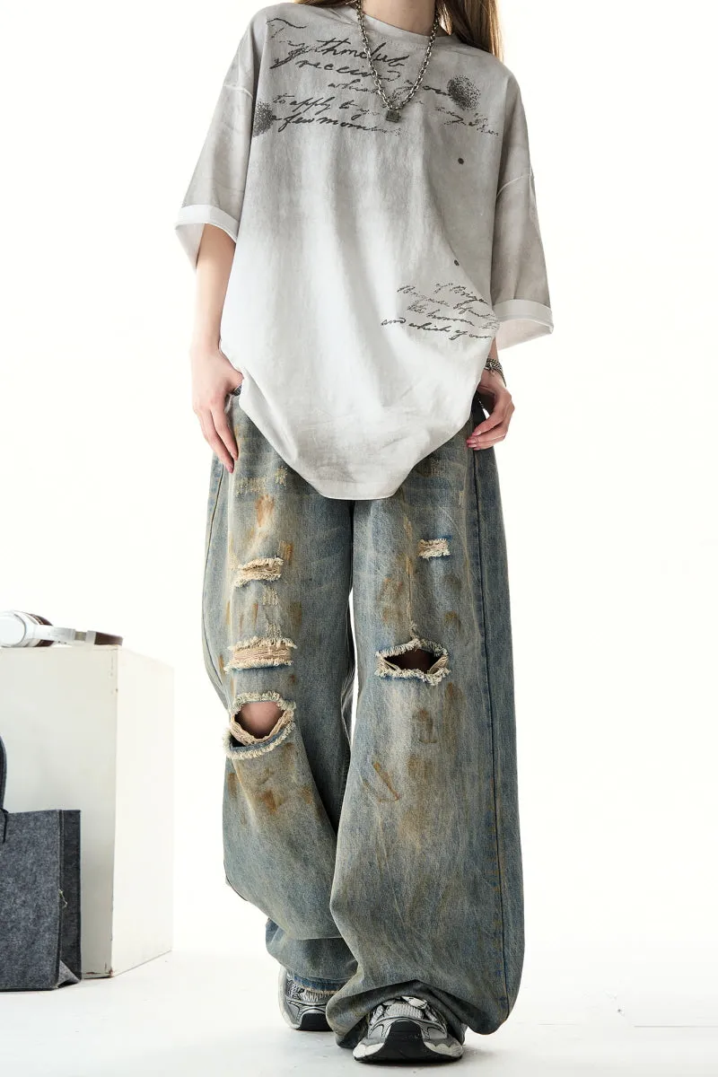 Retro Ripped Wide-Leg Jeans Loose Straight-Leg Pants