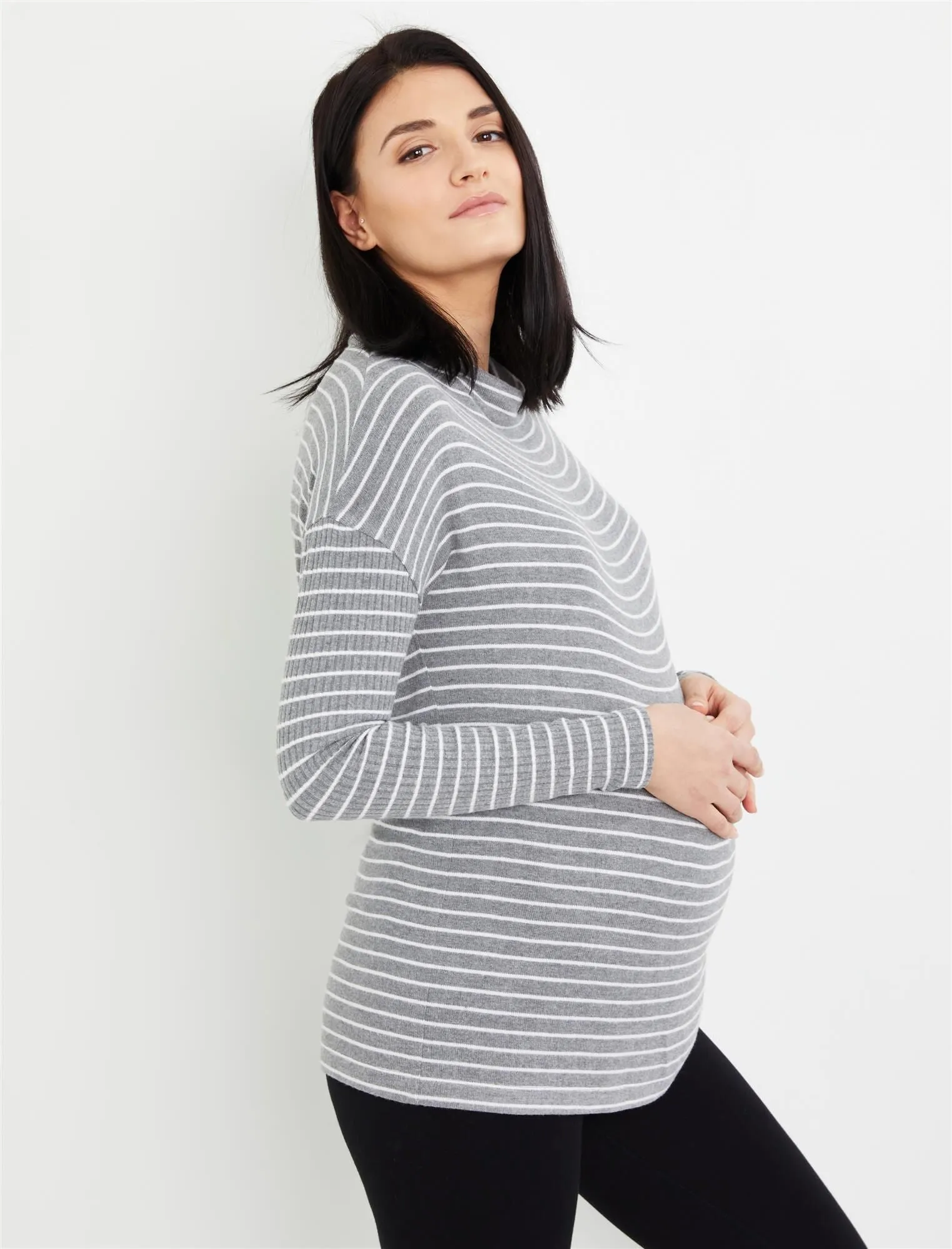 Rib Knit Maternity Tunic in Grey Stripe