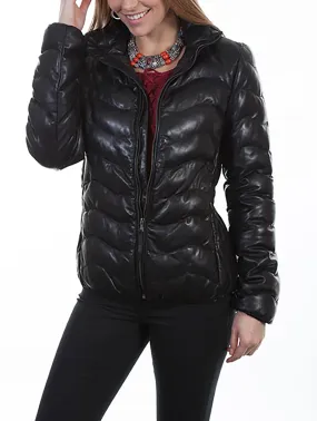 Ribbed Leather Puffer Jacket in Black