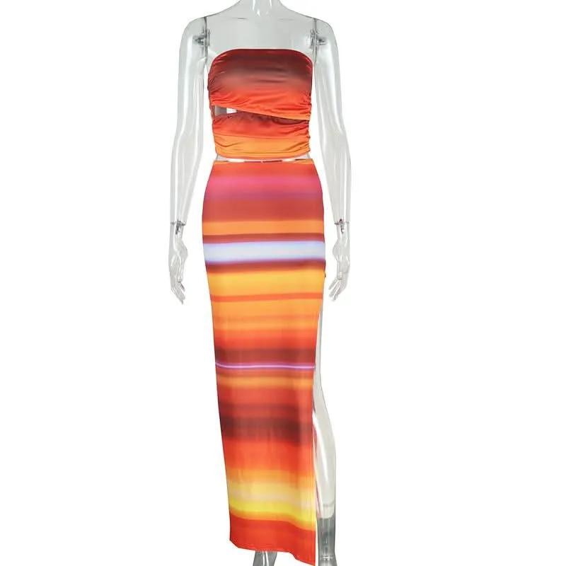 Ruched gradient striped hollow out slit maxi skirt set