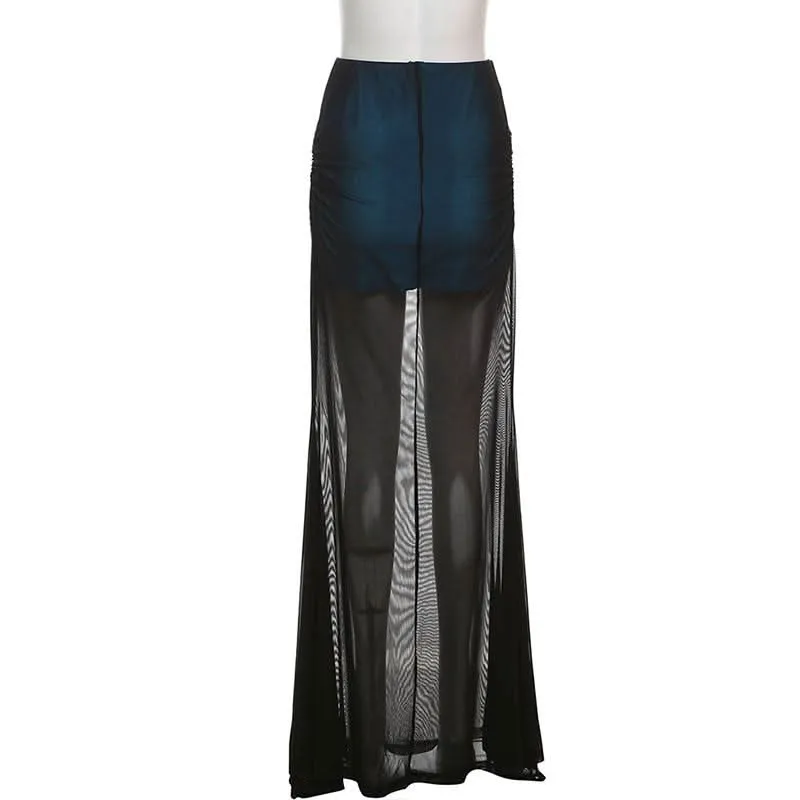 Ruched mesh patchwork maxi skirt