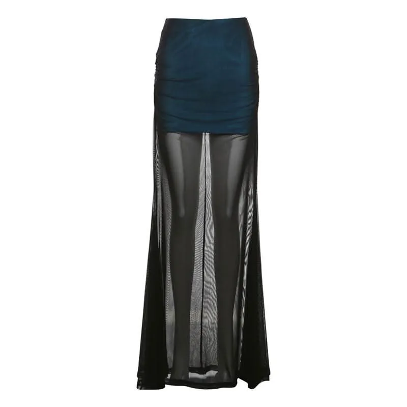 Ruched mesh patchwork maxi skirt