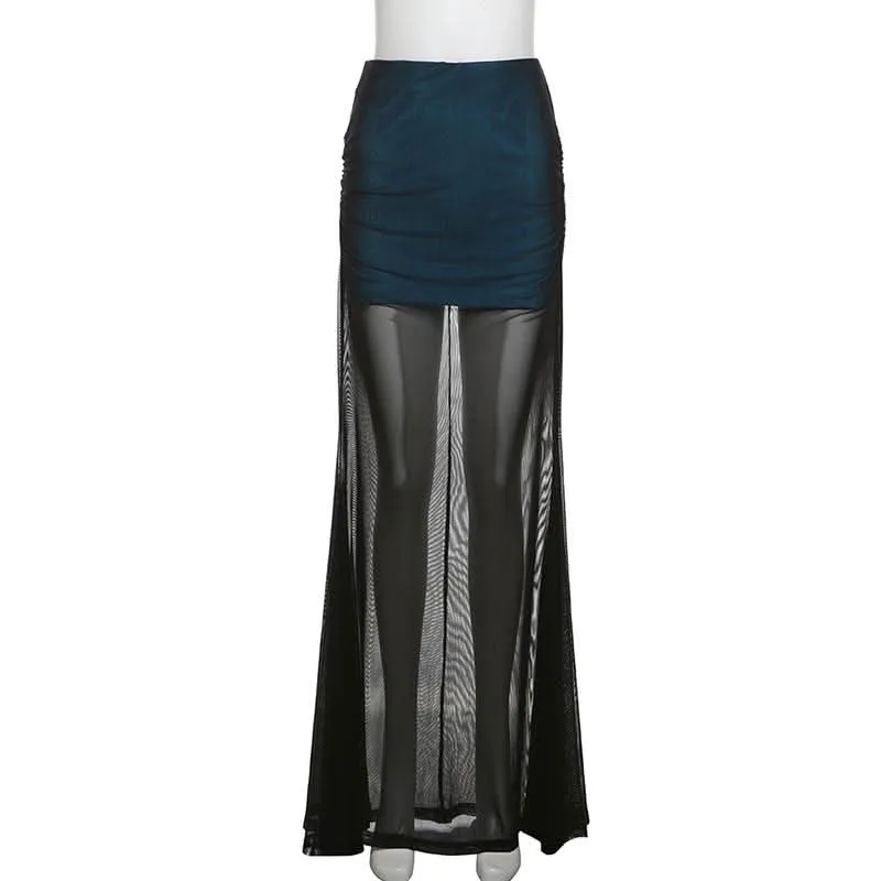 Ruched mesh patchwork maxi skirt