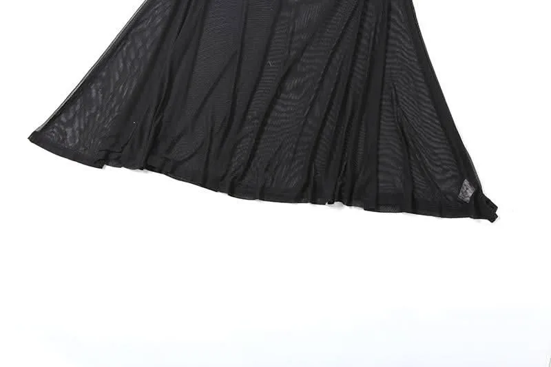 Ruched mesh patchwork maxi skirt