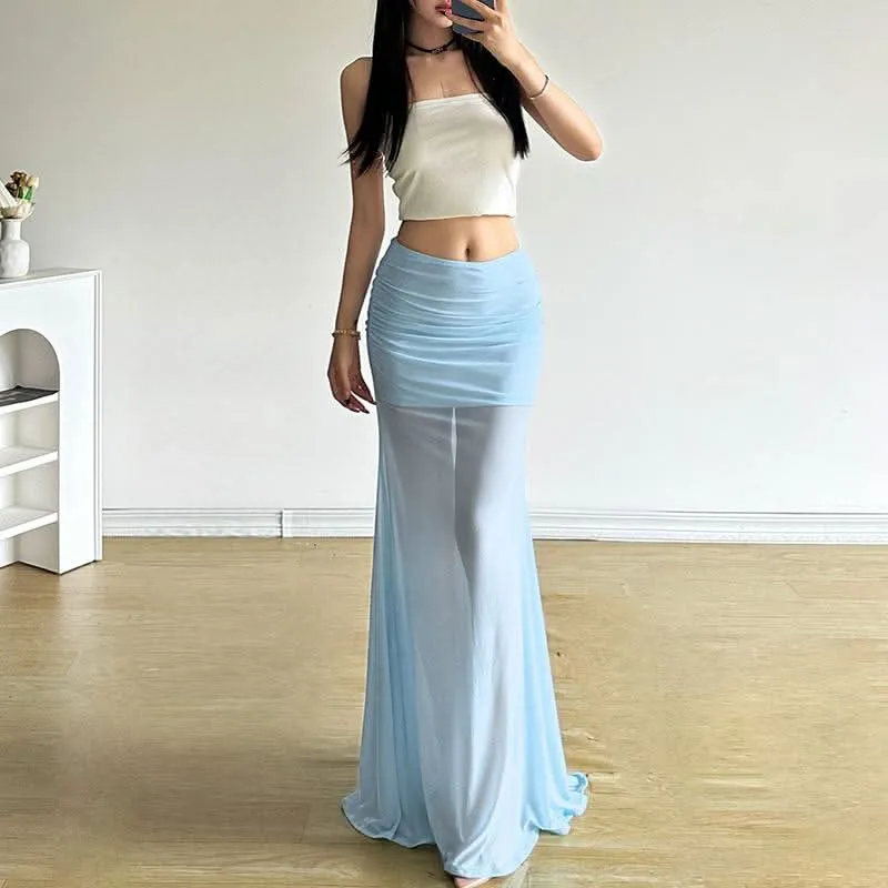 Ruched mesh patchwork solid maxi skirt