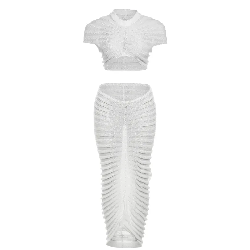 Ruched textured see through short sleeve maxi skirt set