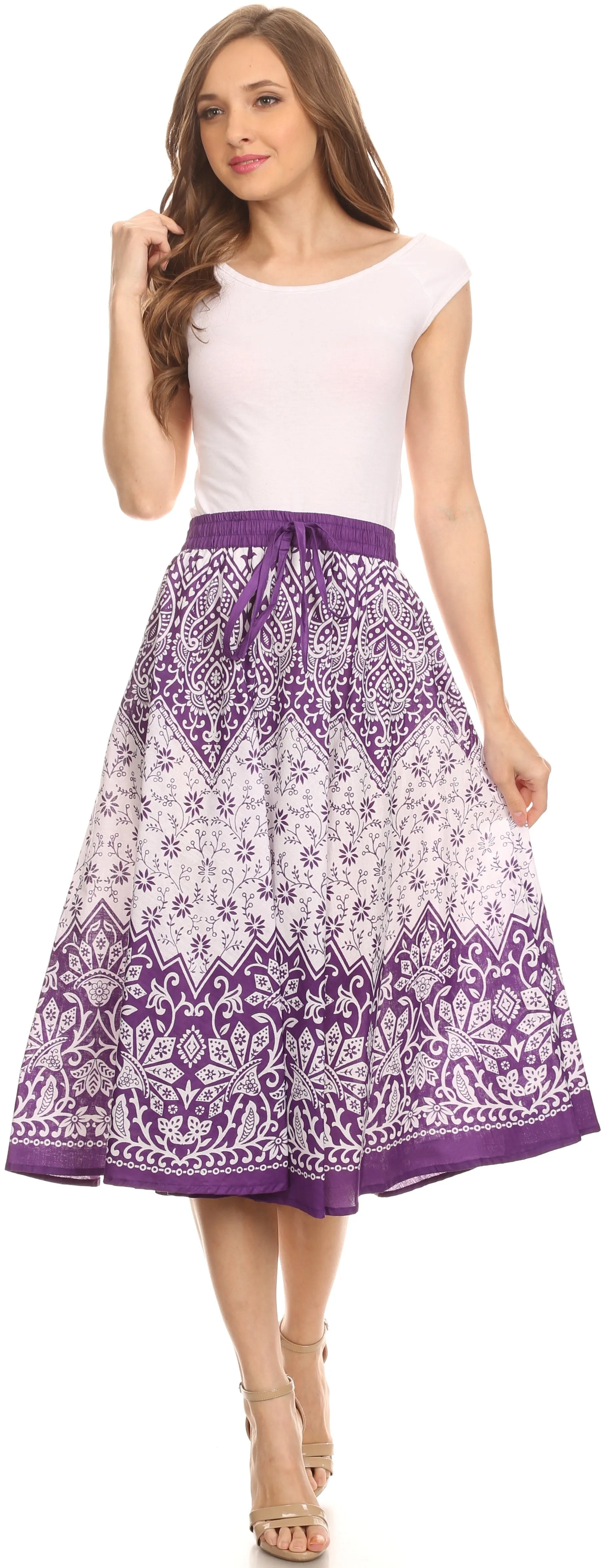 Sakkas Denia Circle Skirt With Floral Printed Designs And Adjustable Waistband