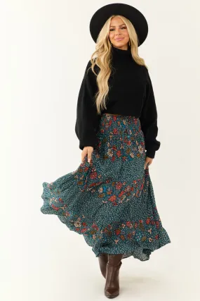 Sea Blue Multiprint Tiered Maxi Skirt