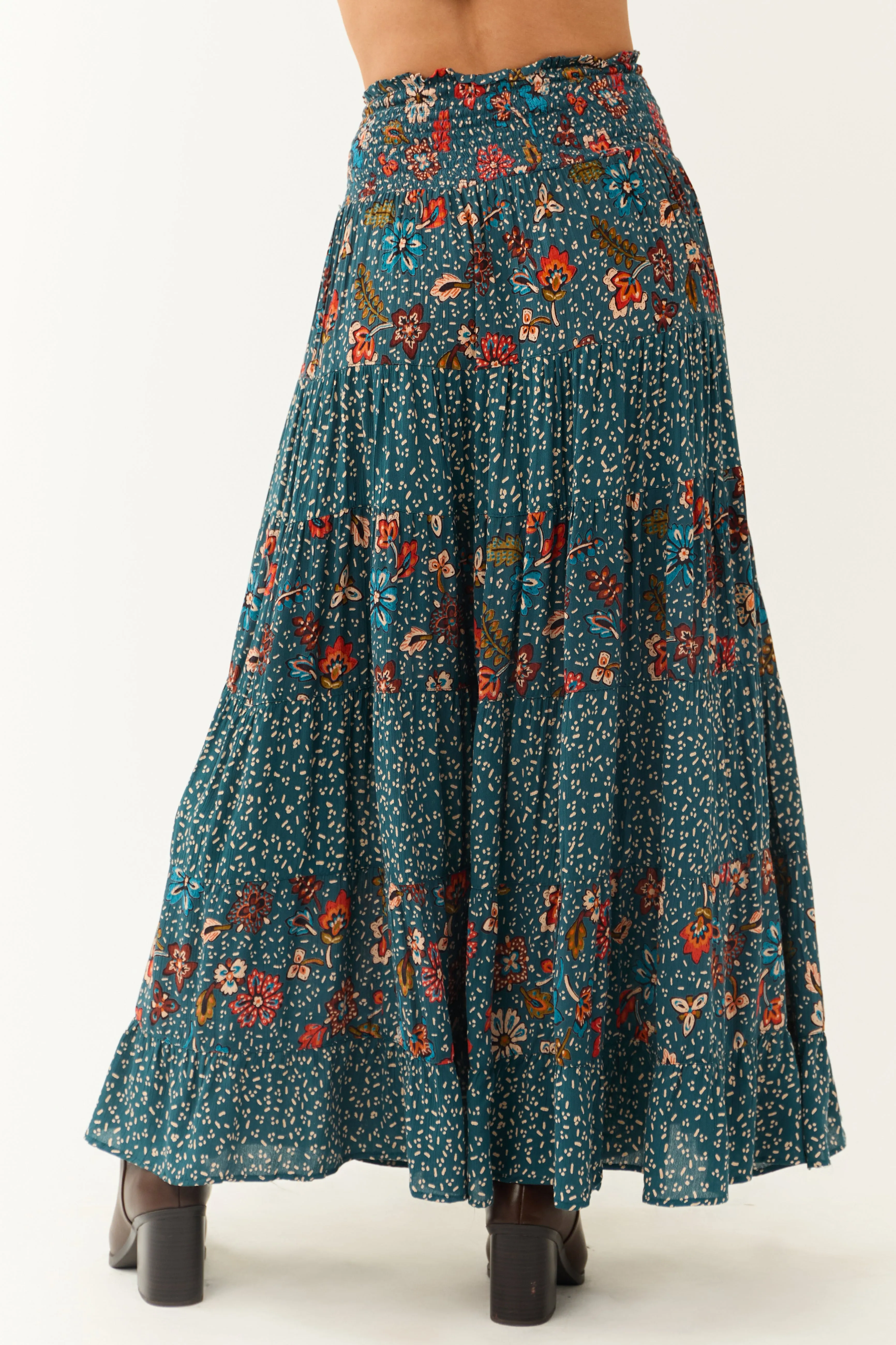 Sea Blue Multiprint Tiered Maxi Skirt