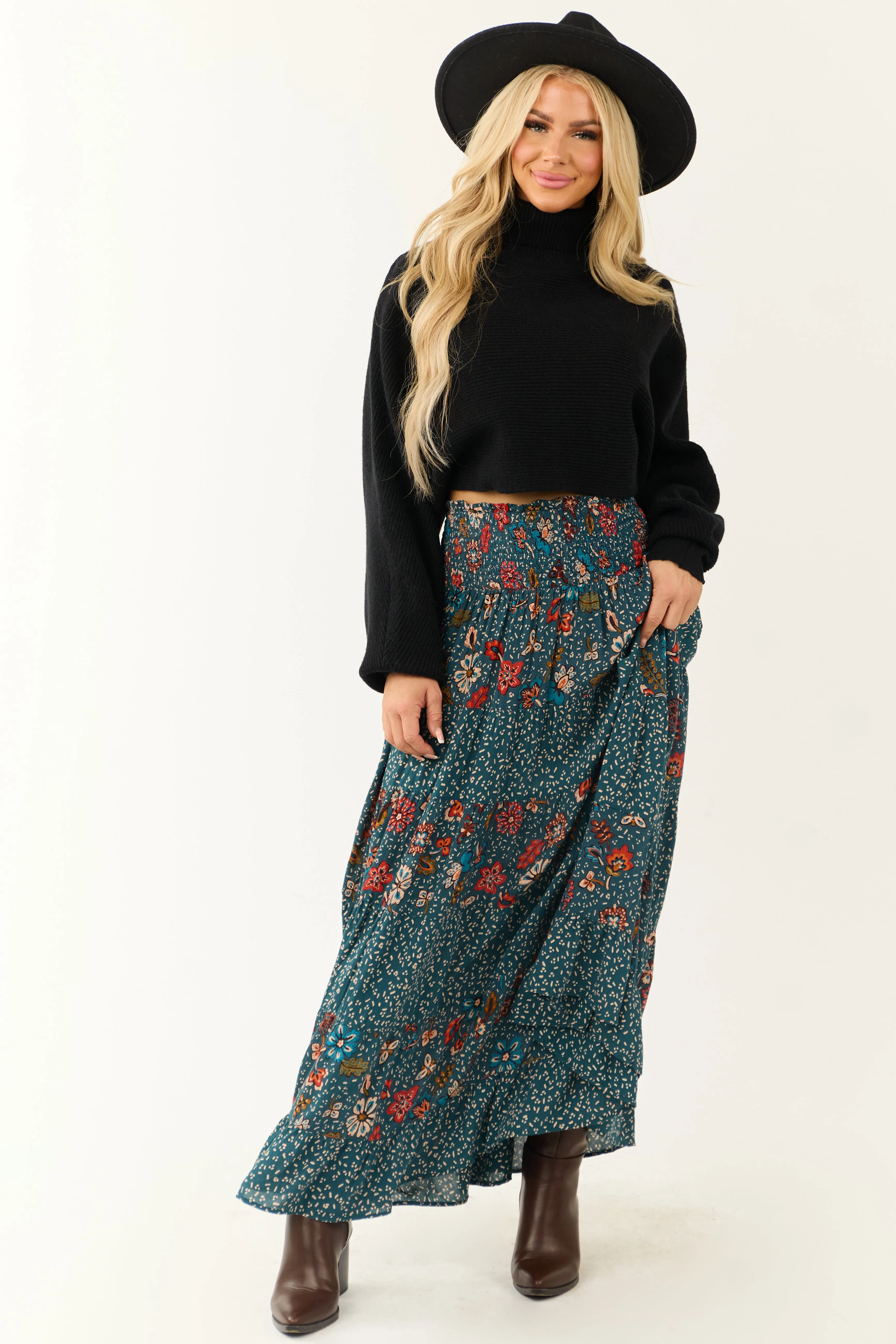 Sea Blue Multiprint Tiered Maxi Skirt