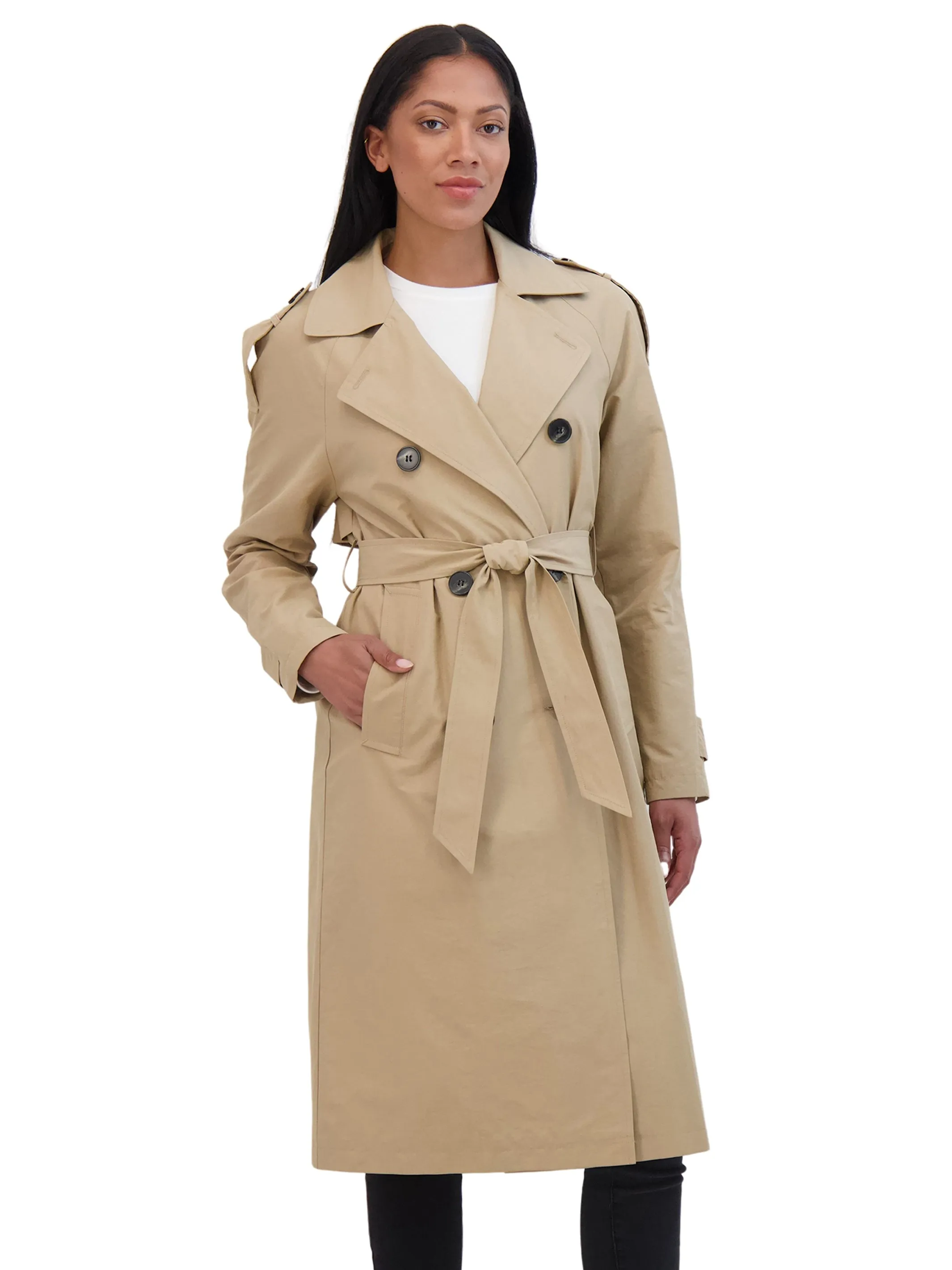 Sebby Collection Belted Double Breasted Long Trench Coat