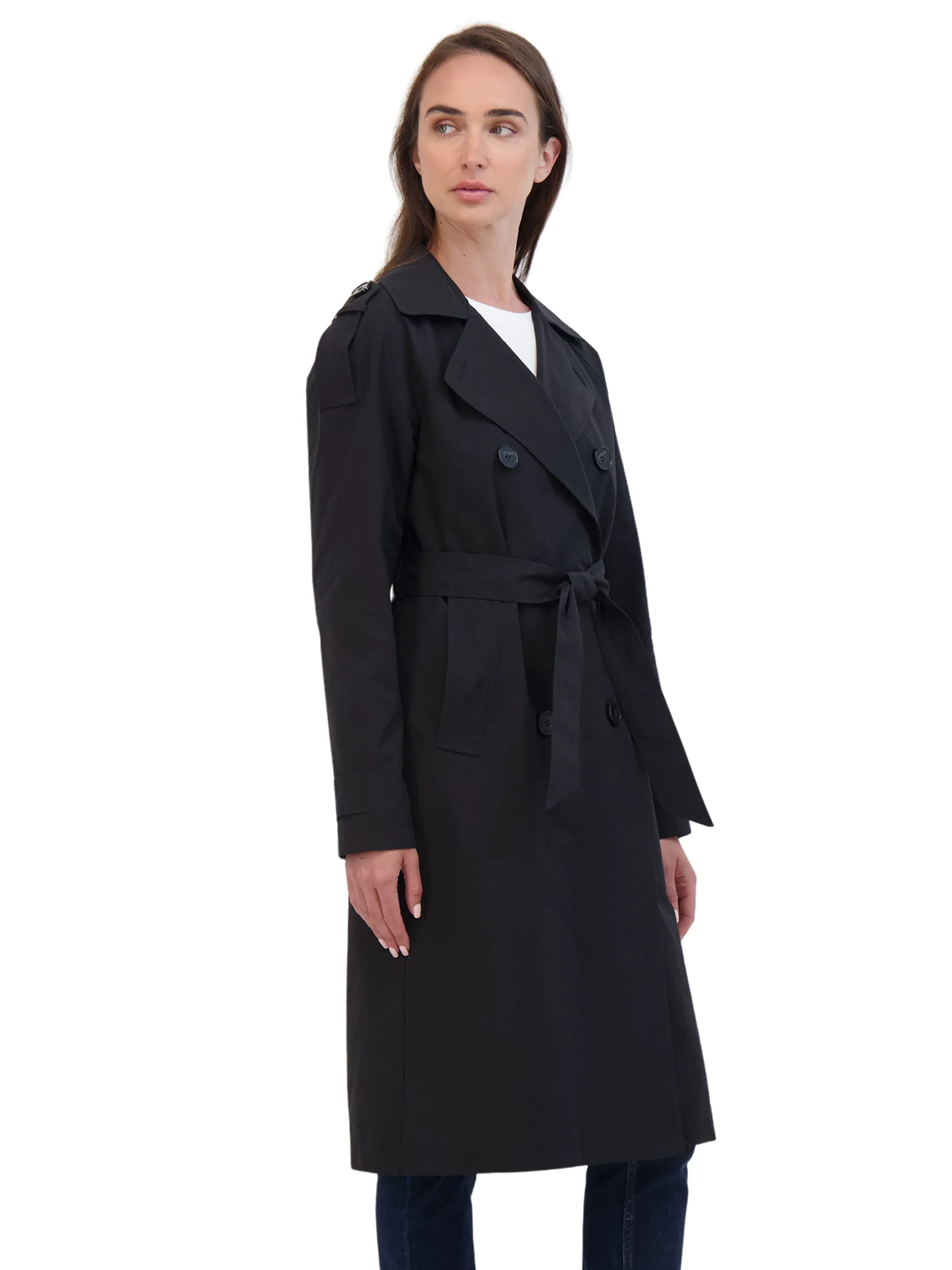 Sebby Collection Belted Double Breasted Long Trench Coat