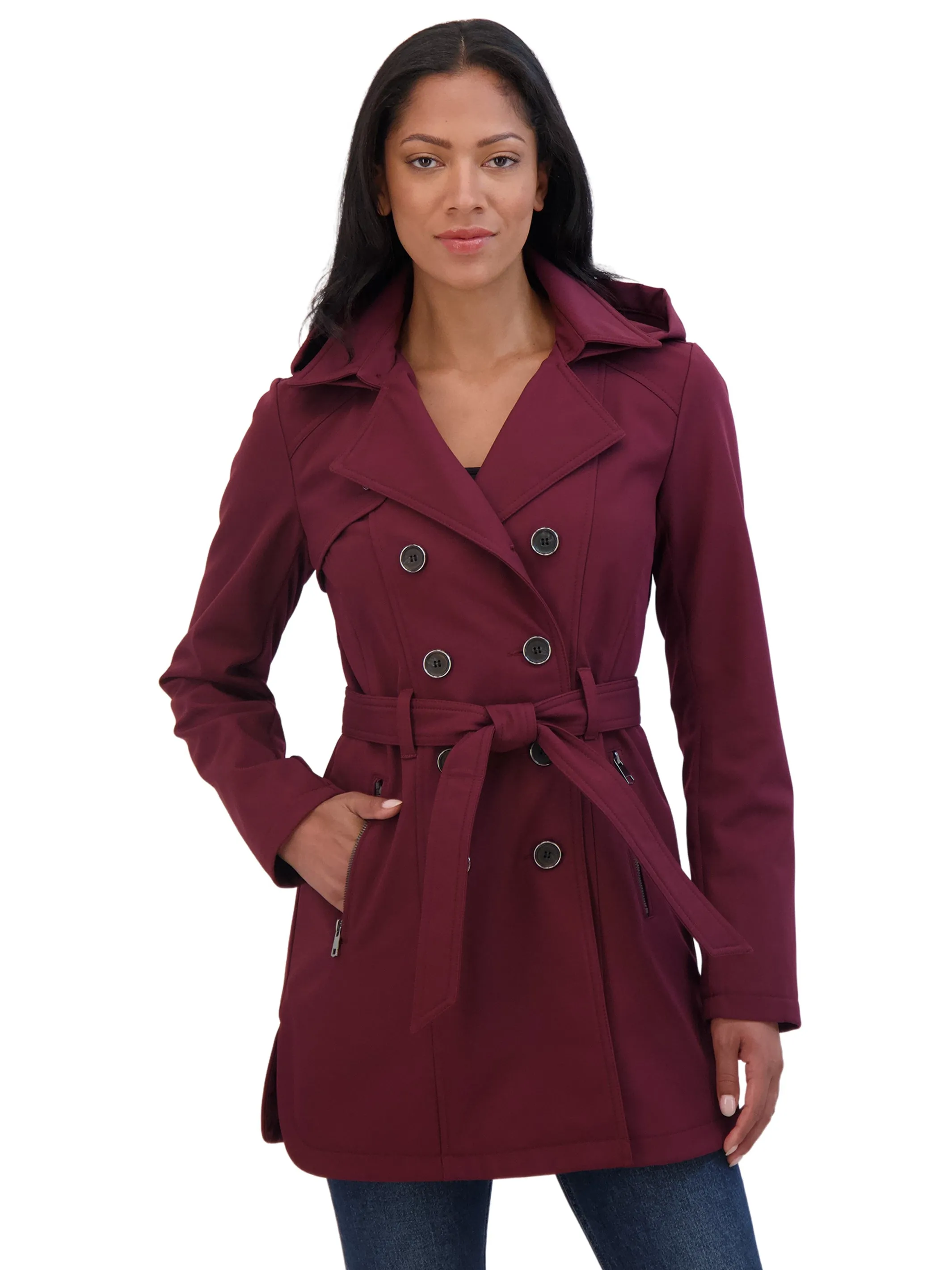 Sebby Collection Women's Belted Double Breasted Soft Shell Trench Coat With Detachable Hood